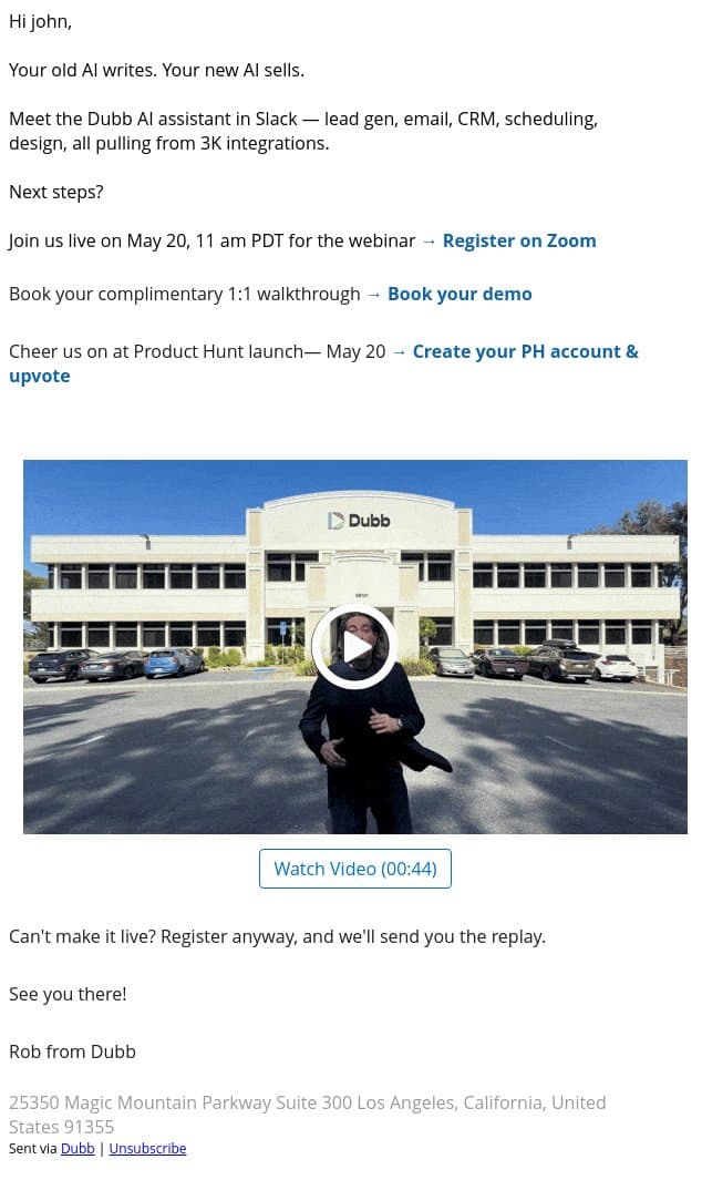 john, Your AI coworker starts May 20 email from Dubb screenshot