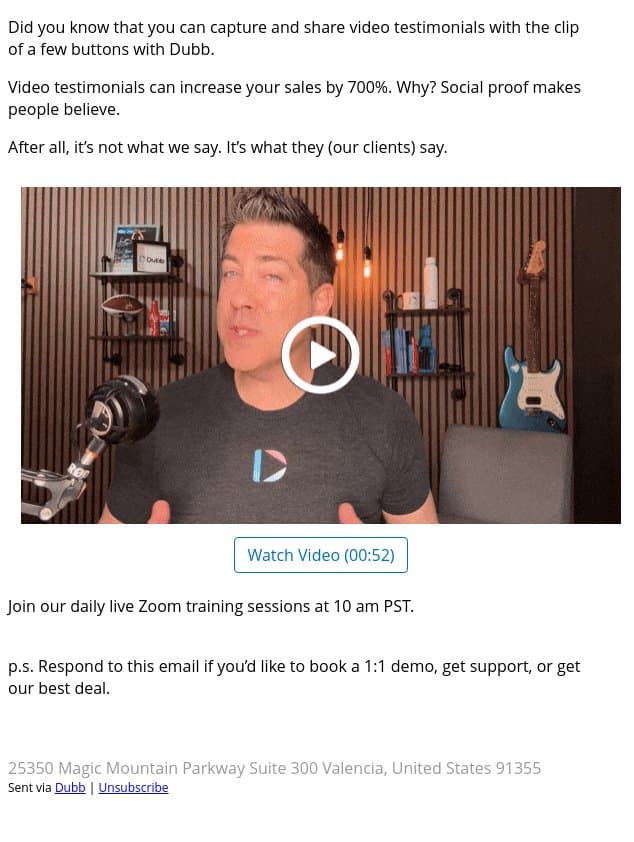 Capture, Share, and Sell with video testimonials email from Dubb screenshot