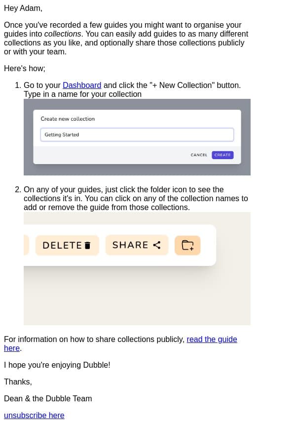 Organize and share your guides with collections email from Dubble screenshot