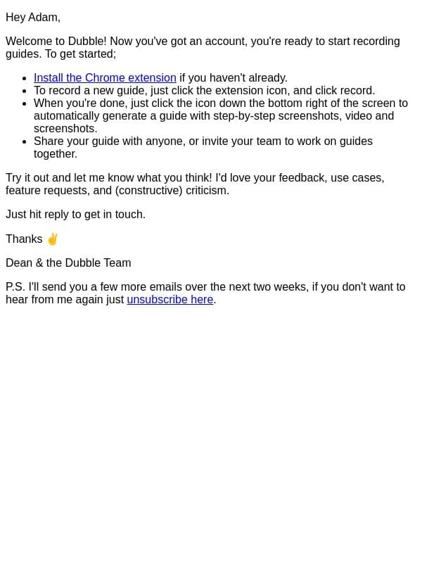 Welcome to Dubble! email from Dubble screenshot