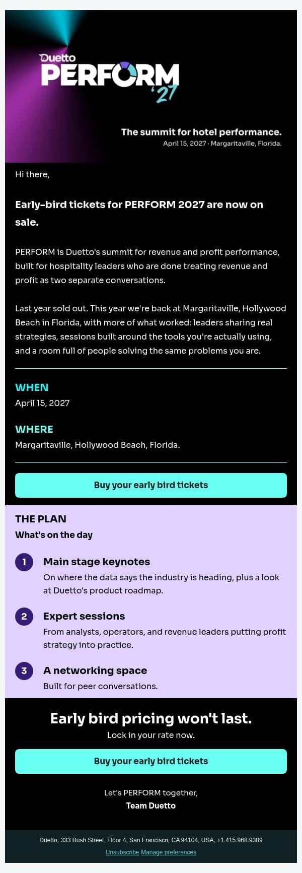 Last year sold out. Early bird for PERFORM 2027 is open email from Duetto screenshot