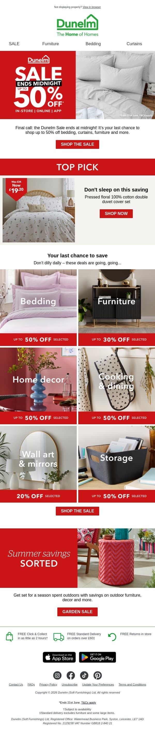 ENDS MIDNIGHT: Up to 50% off 1,000s of products email from Dunelm screenshot