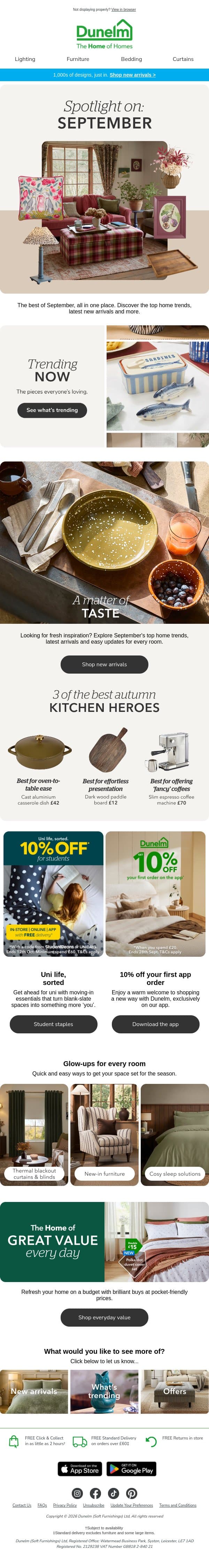 September: all the best bits 💖 email from Dunelm screenshot