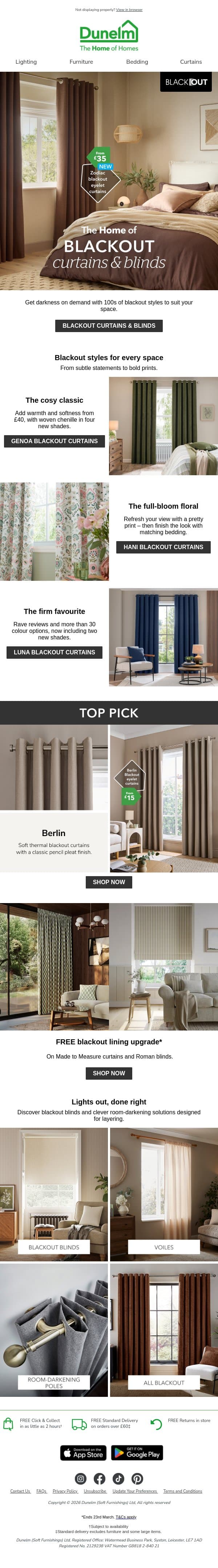 Get darkness on demand email from Dunelm screenshot