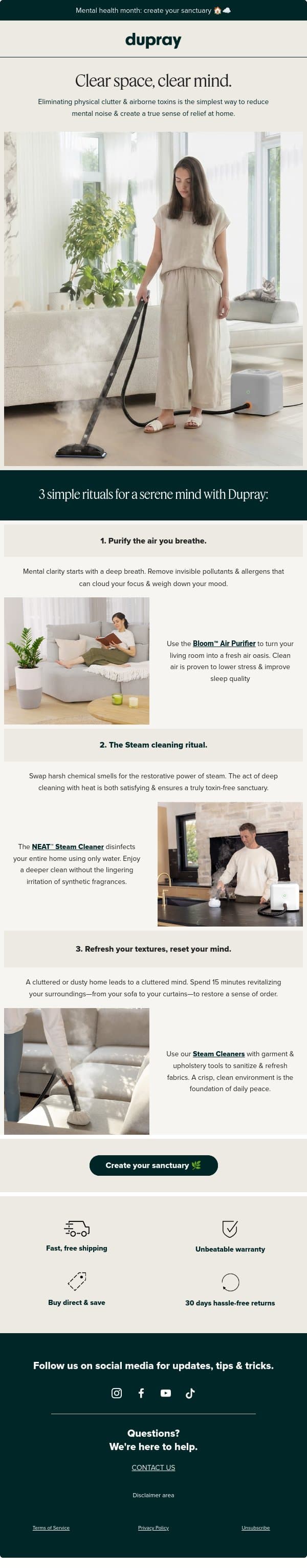 A clean space for a clearer mind email from Dupray screenshot