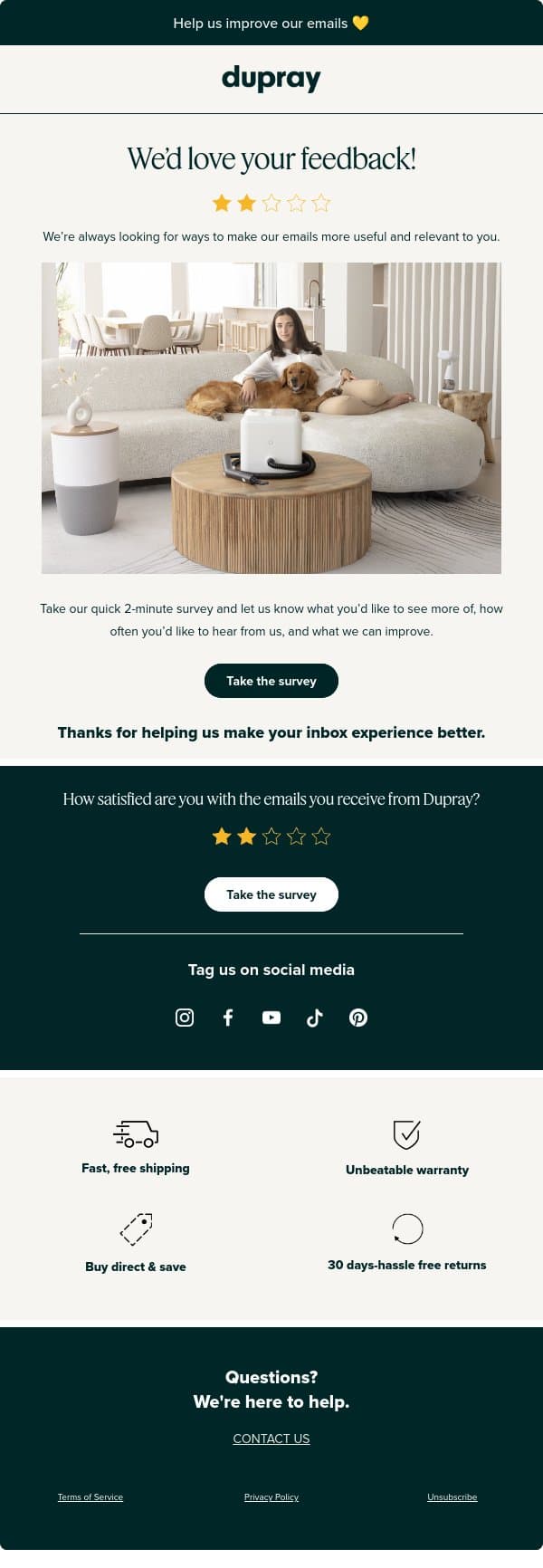 Help us improve our emails 💛 email from Dupray screenshot