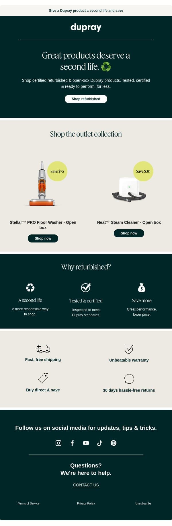 Want to save? Shop refurbished. email from Dupray screenshot