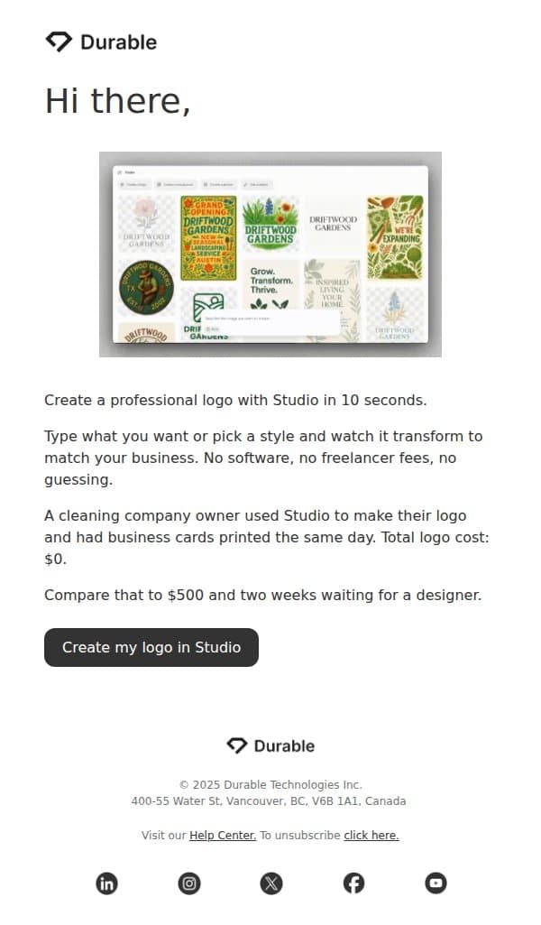 Get a professional logo in 10 seconds email from Durable screenshot