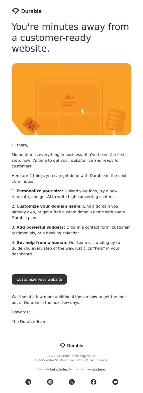 Welcome to Durable. Your website is ready! email from Durable screenshot