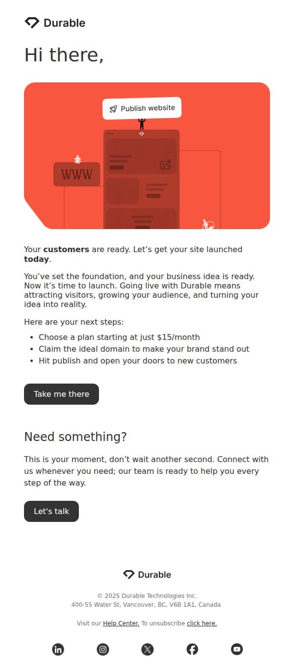 Your customers are ready. Let’s get your site launched today 🚀 email from Durable screenshot