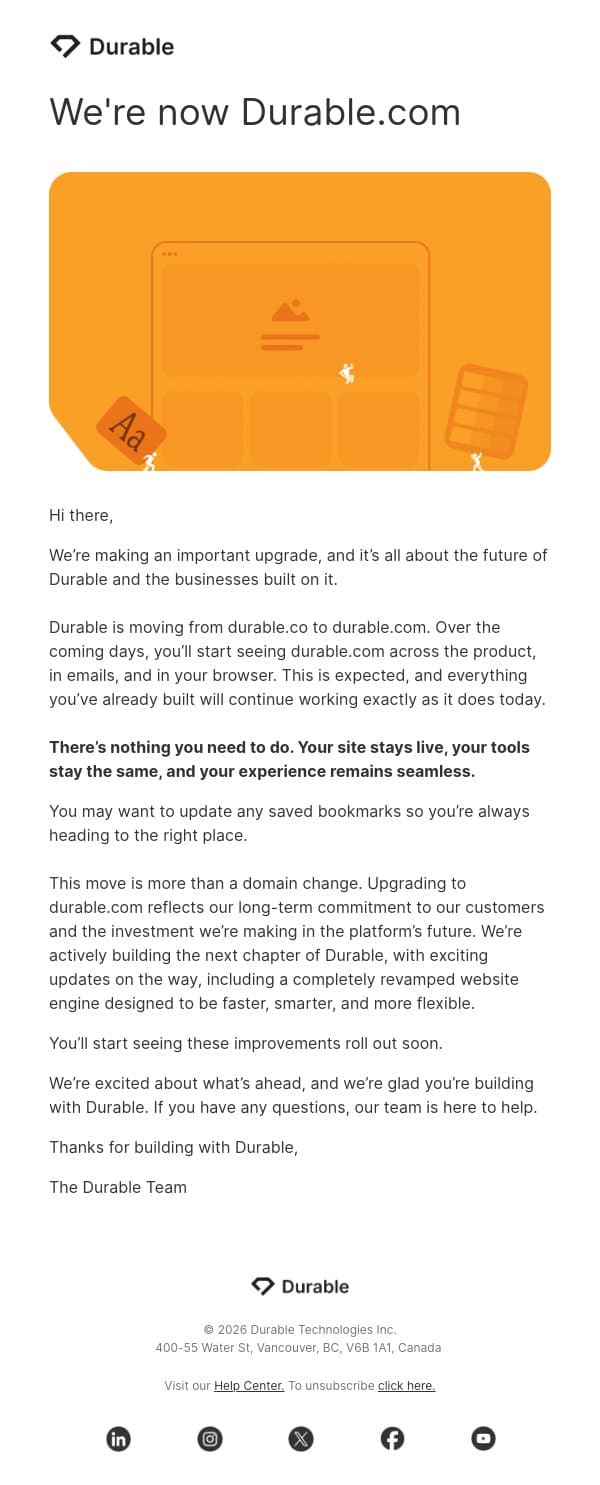 Durable.co is now Durable.com email from Durable screenshot