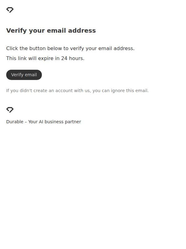 Verify your email address email from Durable screenshot