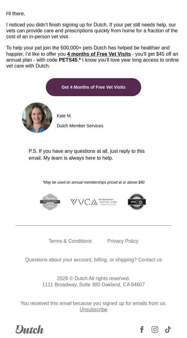 Get 4 months of free vet visits for your pet email from Dutch screenshot