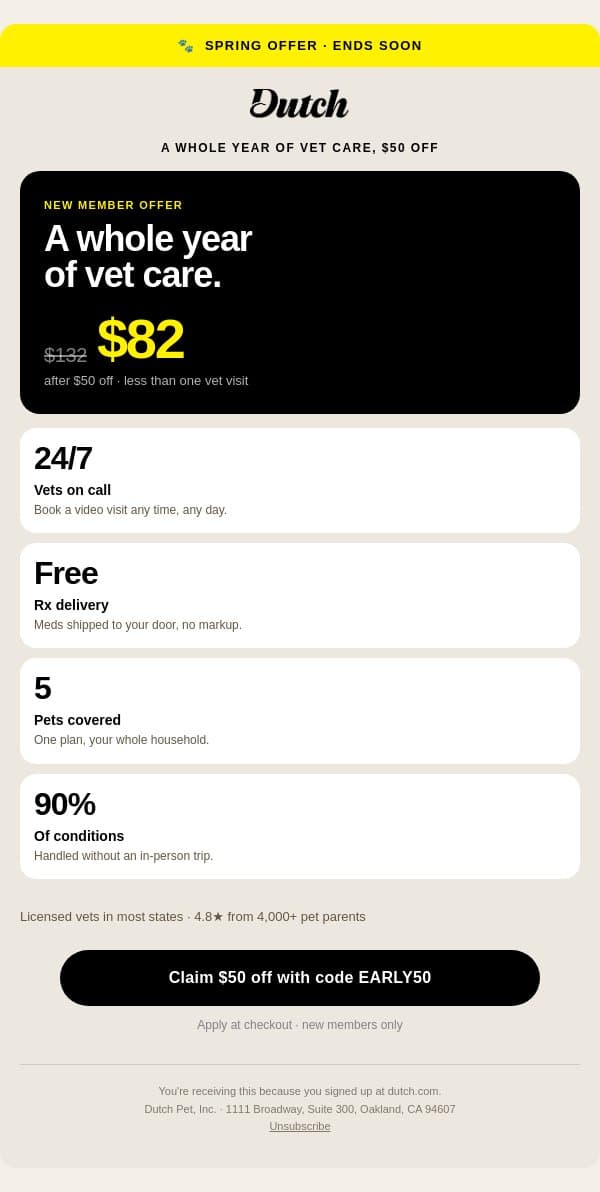 Your $50 off is waiting email from Dutch screenshot