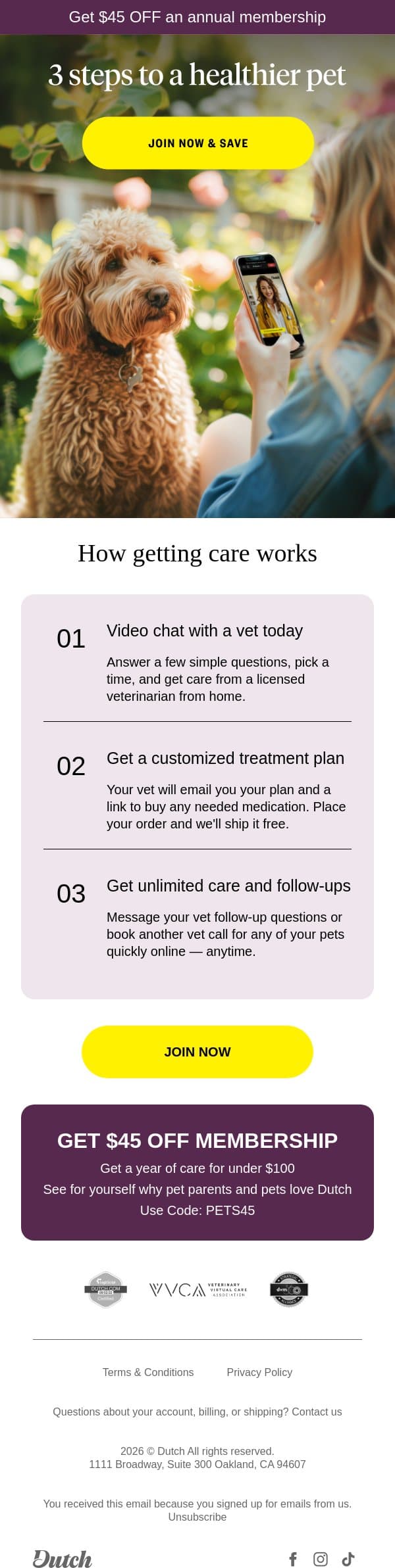 How Dutch works — plus $45 OFF email from Dutch screenshot