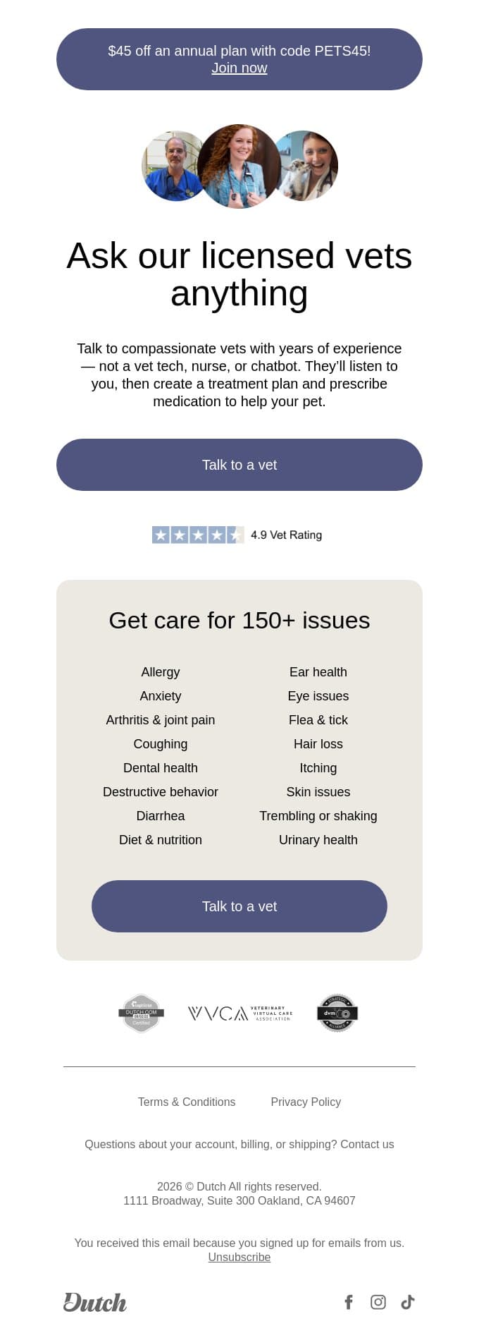 Get expert care from a licensed vet email from Dutch screenshot
