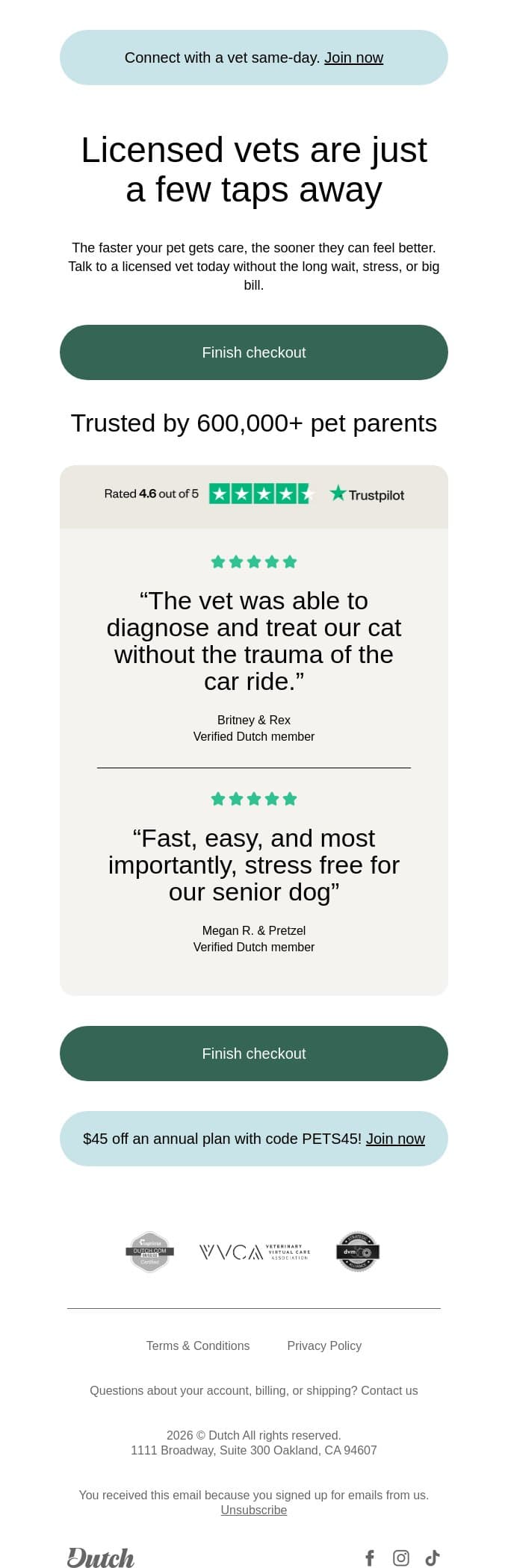Talk to a vet today email from Dutch screenshot
