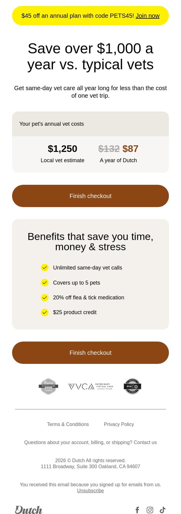 A year of vet care for only $7/month !? 🤯 email from Dutch screenshot