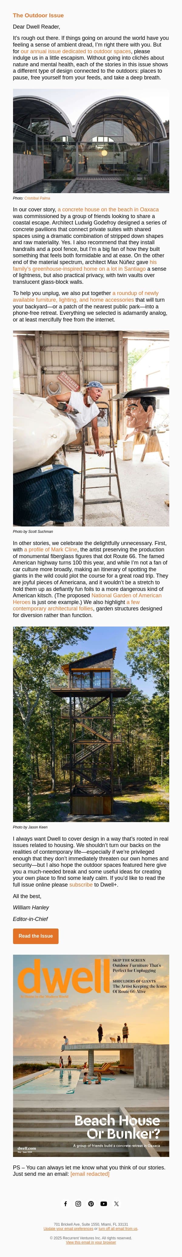 Editor’s Letter: Places to Unplug email from Dwell screenshot