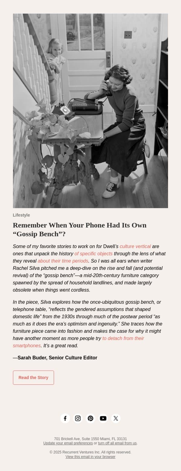 Remember When Your Phone Had Its Own “Gossip Bench”? email from Dwell screenshot