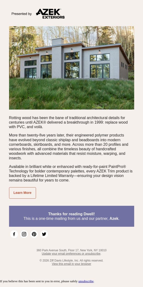 The Exterior Trim That Lasts email from Dwell screenshot