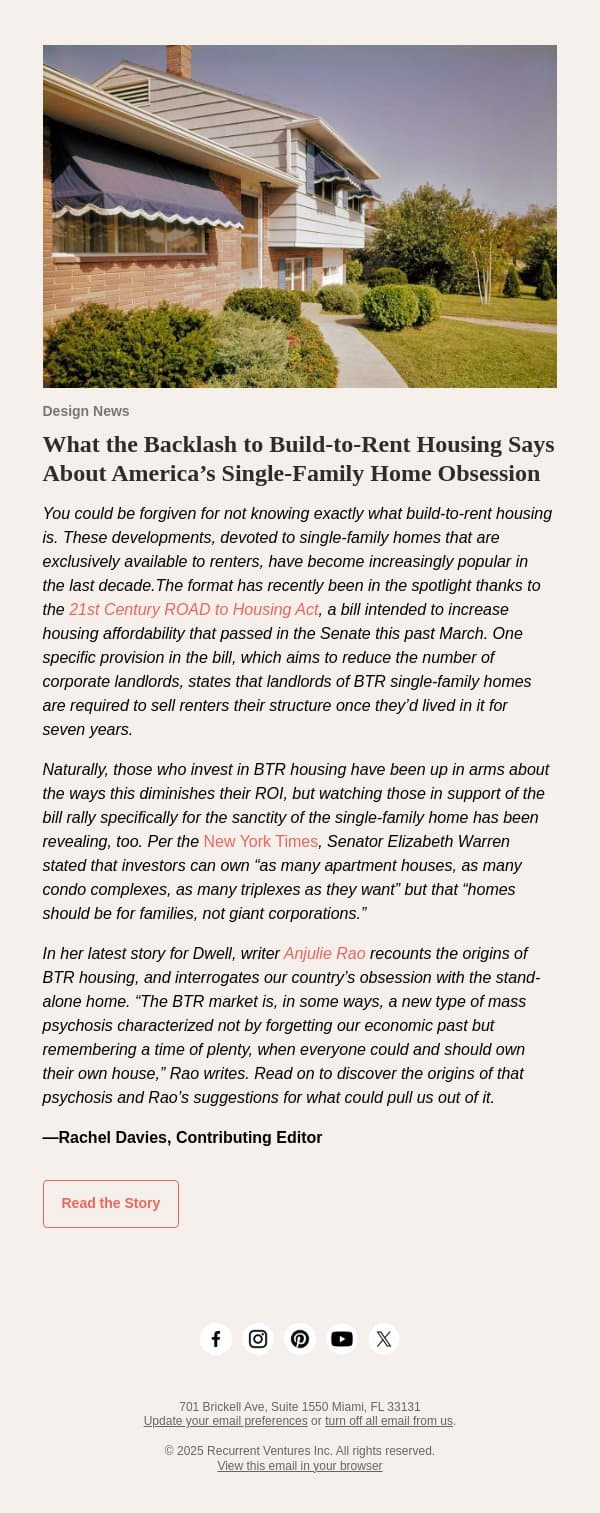 What the Backlash to Build-to-Rent Housing Says About America’s Single-Family Home Obsession email from Dwell screenshot
