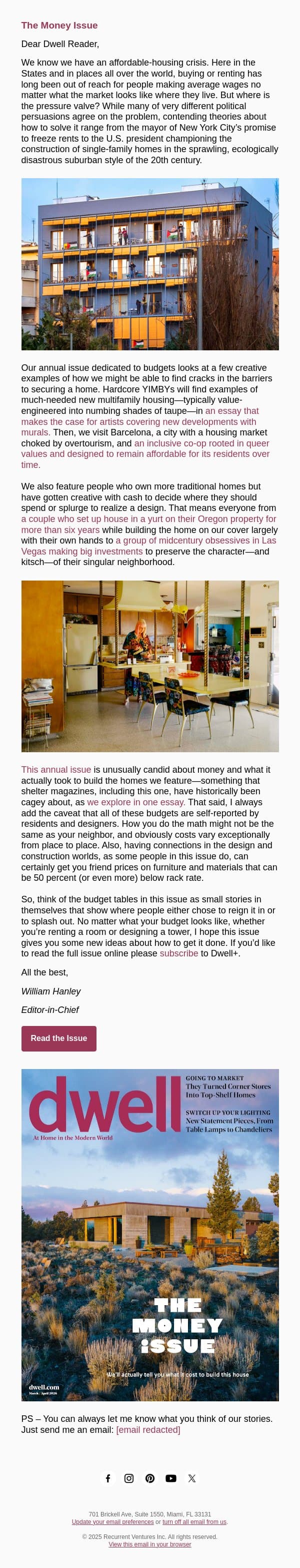 Editor’s Letter: Talking About Money email from Dwell screenshot