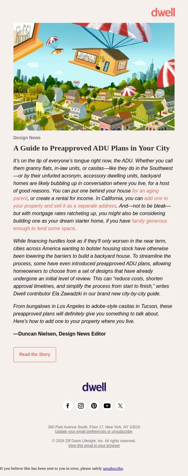 A Guide to Preapproved ADU Plans in Your City email from Dwell screenshot