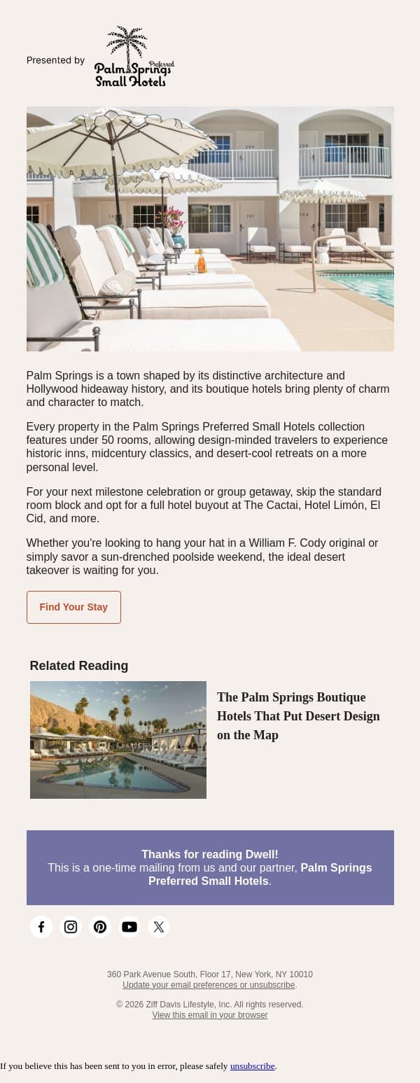 Have a Palm Springs Boutique Hotel to Yourself email from Dwell screenshot