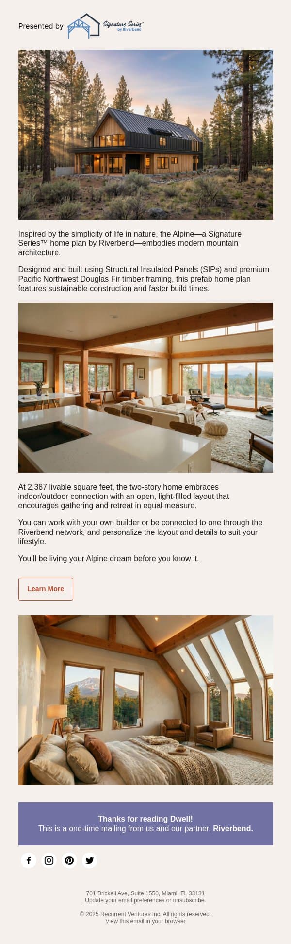 Alpine Living Starts Here email from Dwell screenshot