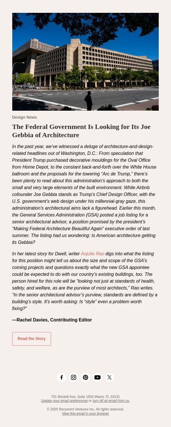 The Federal Government Is Looking for Its Joe Gebbia of Architecture email from Dwell screenshot