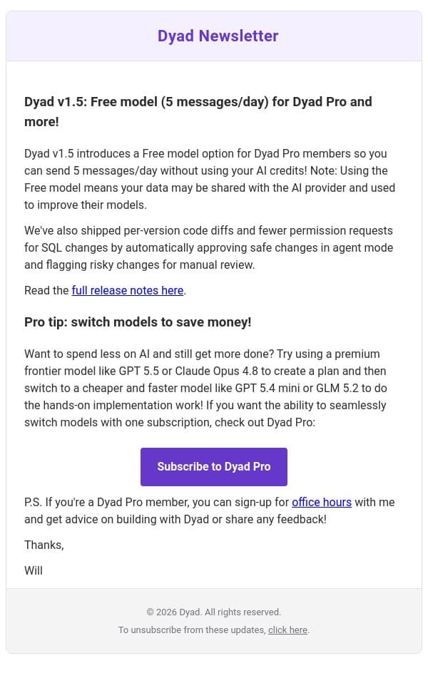 Dyad v1.5: Free model (5 messages/day) for Dyad Pro and more! email from Dyad screenshot