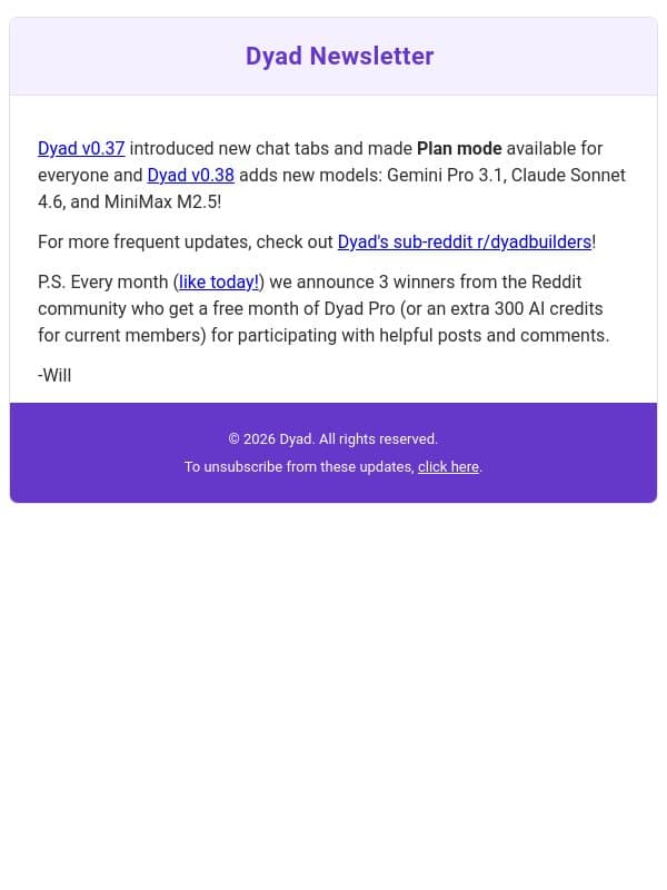 What's new in Dyad: Plan mode for everyone, tabs and new models! email from Dyad screenshot