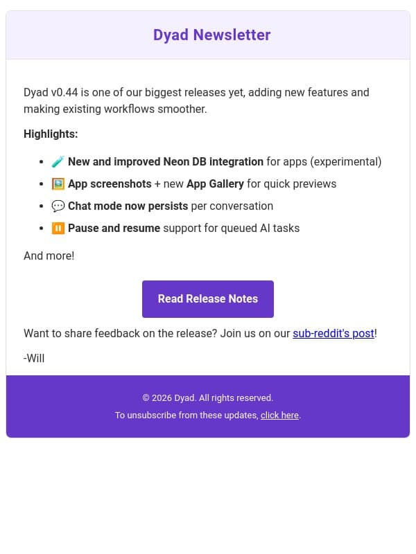 Big Dyad v0.44 release! App gallery, new Neon database integration and much more! email from Dyad screenshot