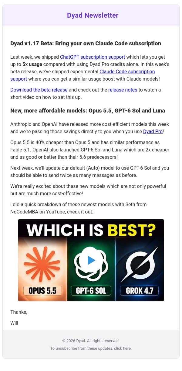 Dyad v1.17 Beta: Claude Code support + new models! email from Dyad screenshot