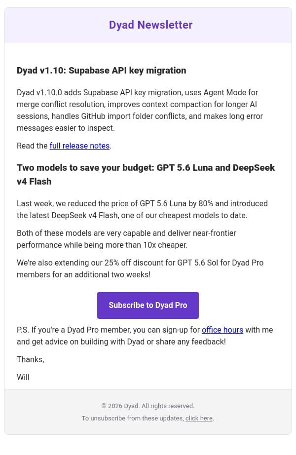 Dyad v1.10: Supabase API key migration + 2 affordable models email from Dyad screenshot