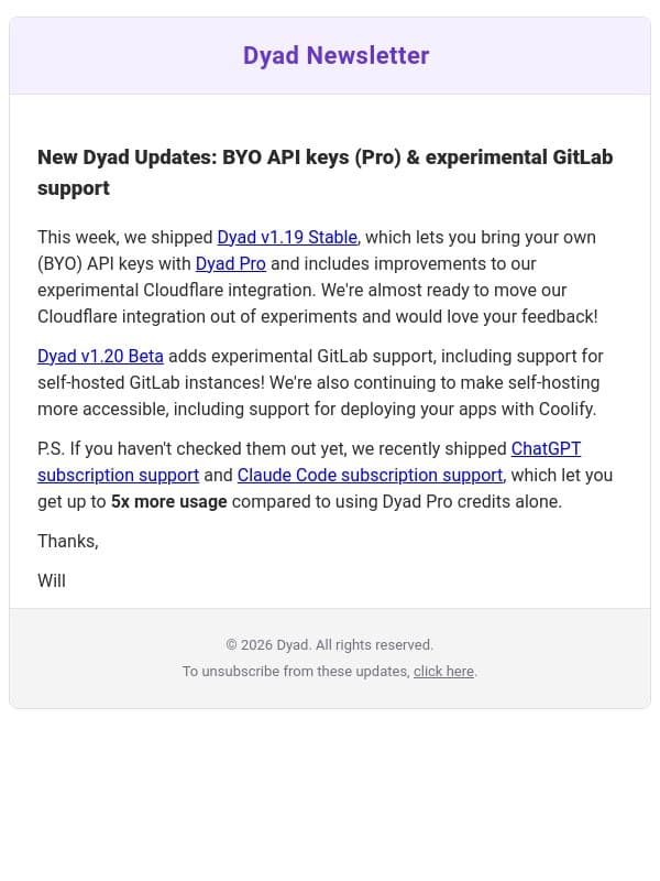 Dyad updates: BYO API keys (Pro) + experimental GitLab support email from Dyad screenshot