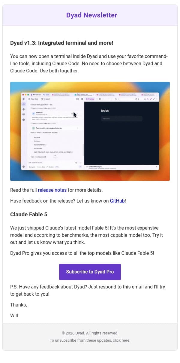 Dyad v1.3: Integrated Terminal, Claude Fable 5! email from Dyad screenshot