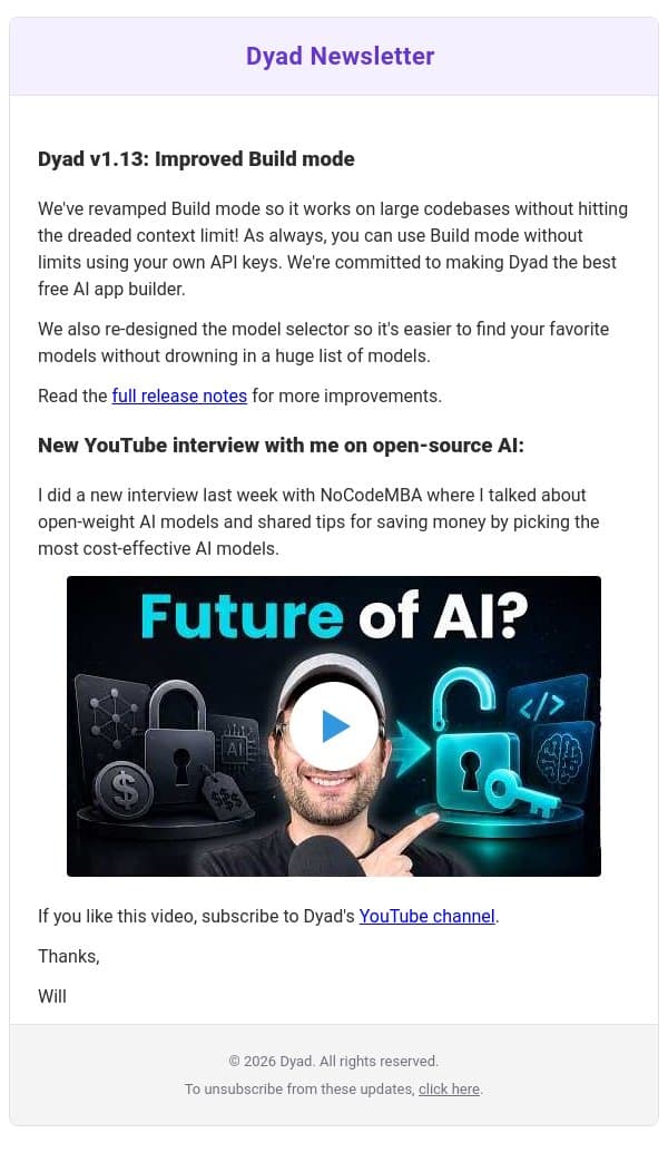 Dyad v1.13: Improved Build mode + new interview w/ me email from Dyad screenshot