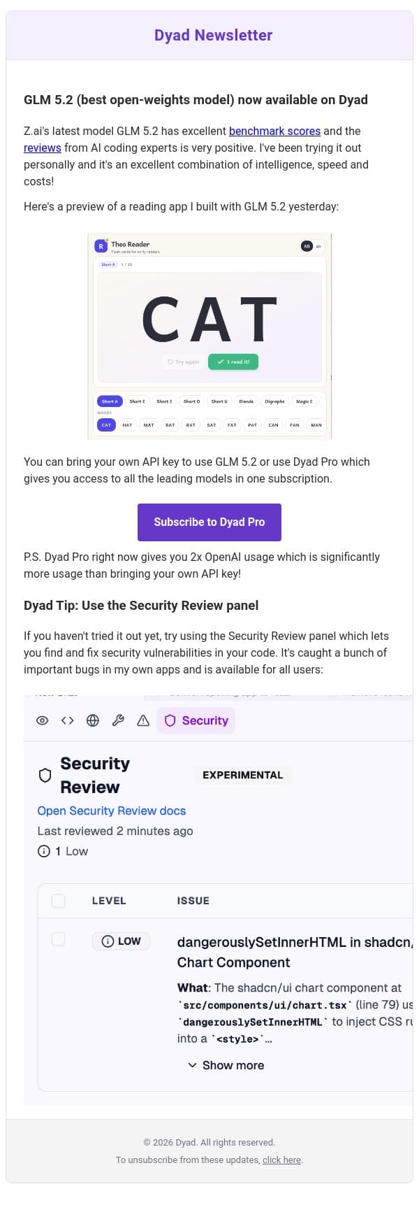 GLM 5.2 (best open-weights model) now available on Dyad email from Dyad screenshot