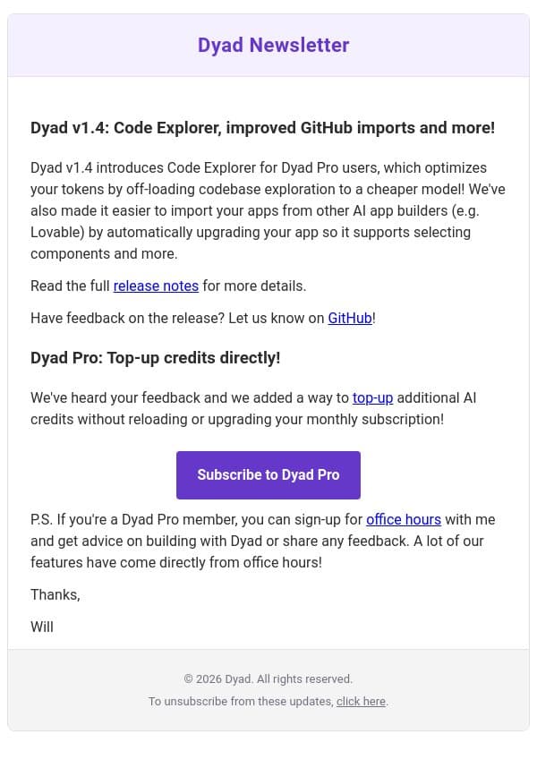 Dyad v1.4: Code Explorer, improved GitHub imports and more! email from Dyad screenshot