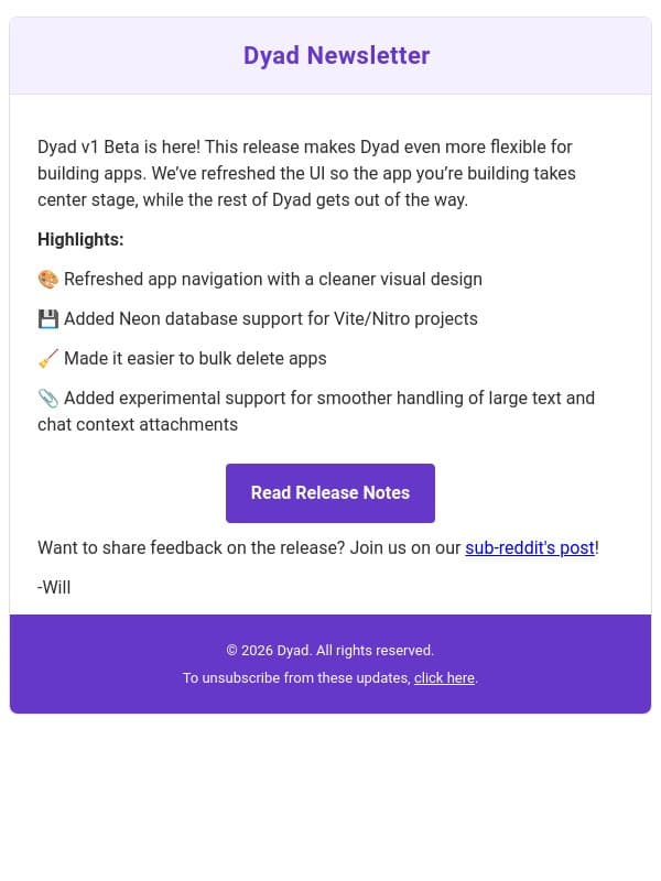Dyad v1 Beta is here email from Dyad screenshot