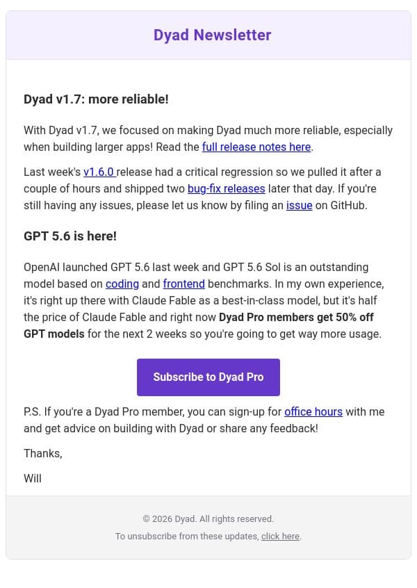 Dyad v1.7: more reliable and GPT 5.6 is here! email from Dyad screenshot