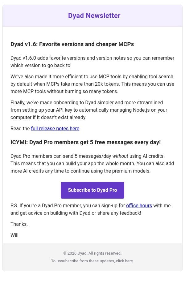 Dyad v1.6: favorite versions and more! email from Dyad screenshot