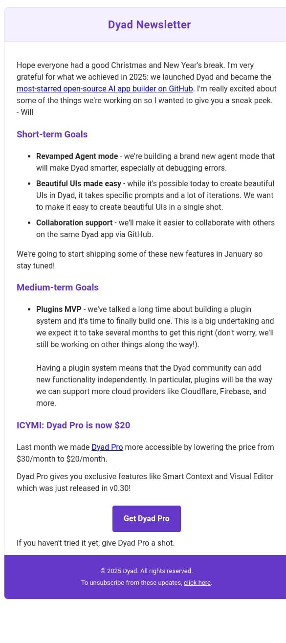 What's coming to Dyad in 2026 email from Dyad screenshot