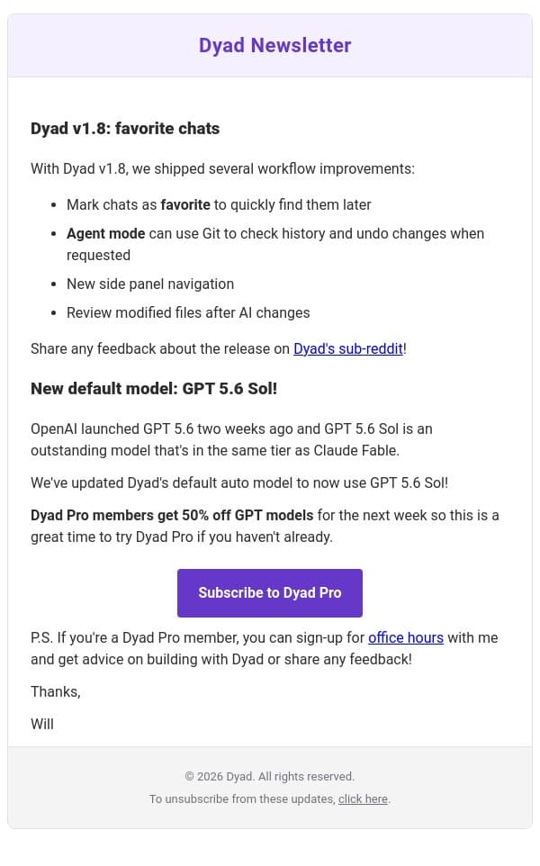 Dyad v1.8: favorite chats + GPT 5.6 new default model email from Dyad screenshot