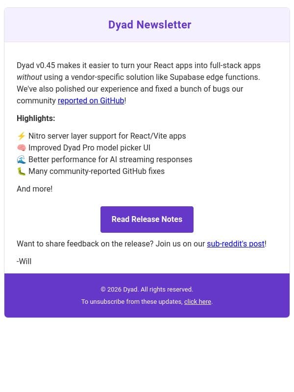 Dyad v0.45: new Nitro server support, enhanced model picker and better performance! email from Dyad screenshot