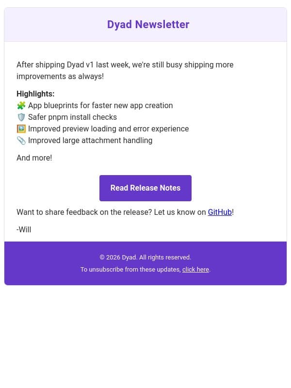 Dyad v1.1: new App Blueprint and more! email from Dyad screenshot