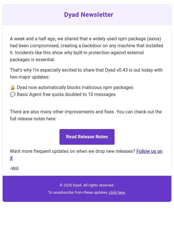 Dyad v0.43: automatically block malware packages & 2x FREE agent messages email from Dyad screenshot
