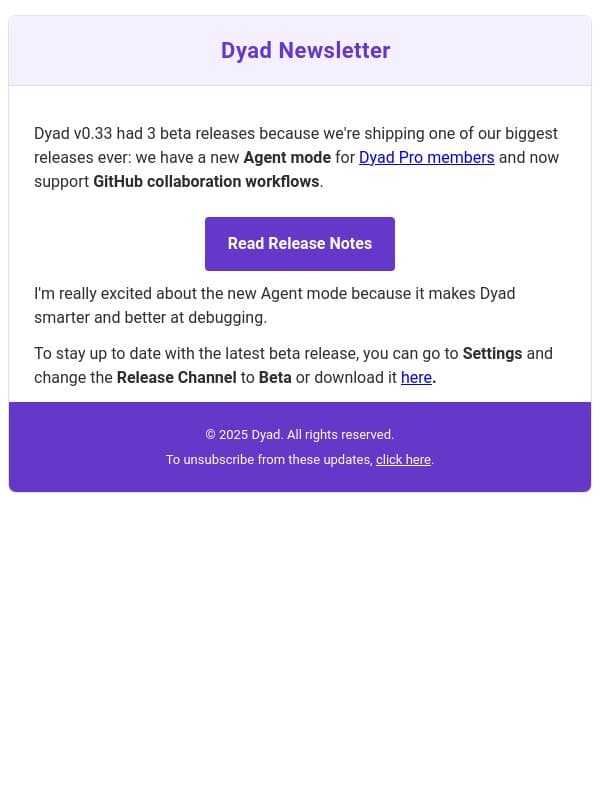 Big Beta release: new Agent mode and GitHub collaboration workflow! email from Dyad screenshot